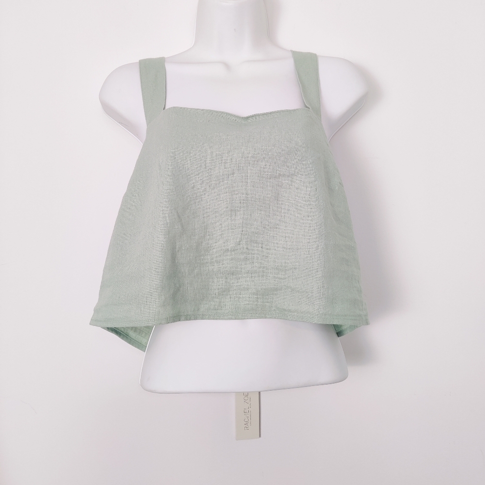 Rachel Zoe Linen Blend Crop Top Sage Green Bohemian Peasant Quiet Luxury Size M